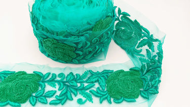 Cyan Green Soft Net Fabric Lace Trim with Floral Embroidery, Lace Trim, Sari Border